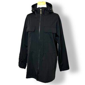 Dana Buchman Black Hooded Raincoat Zip Up Thigh Length Car Coat Jacket Sz M